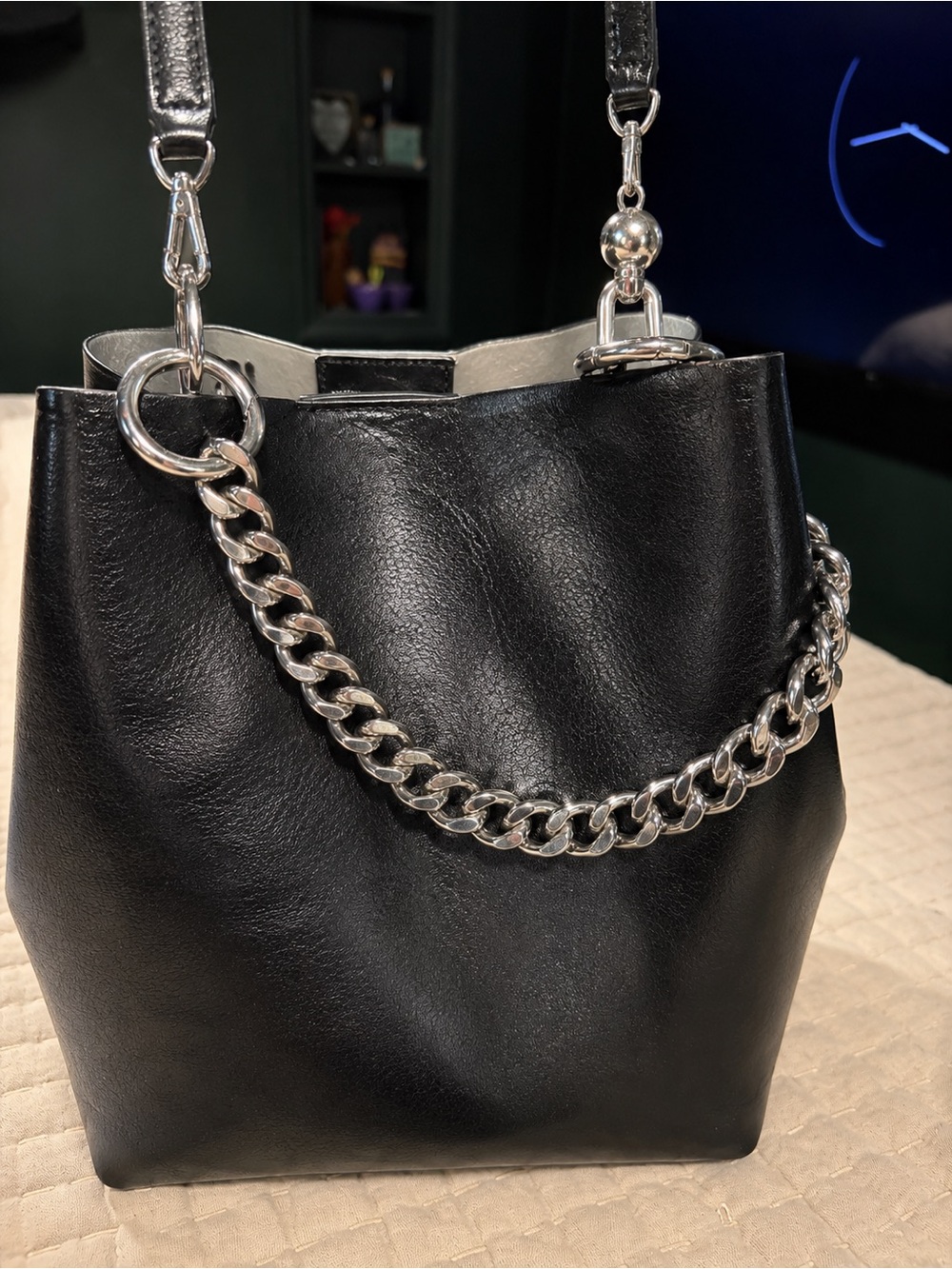 Rebecca Minkoff Black Leather Crossbody with Silver Chain